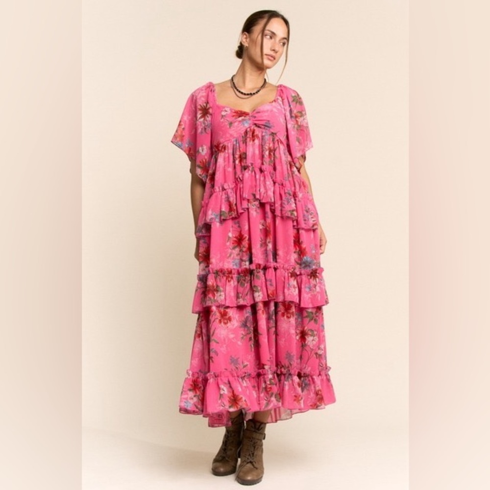 Floral Tiered Ruffle Maxi Dress with Flutter Sleeves - Davi & Dani - Picture 7 of 7